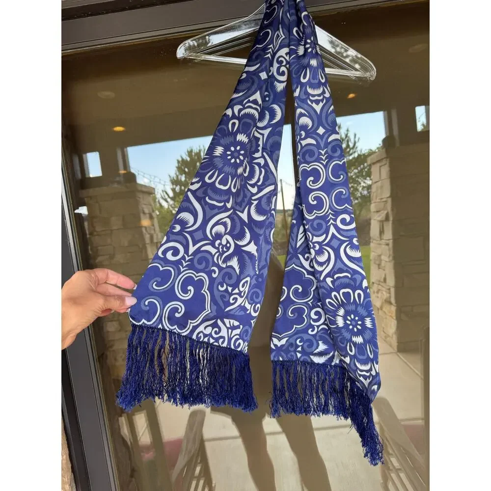 Shanghai Tang Blue White Ornamental Print 100% Silk Fringe Scarf